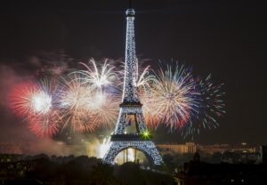 Eiffel Tower of Paris with fireworks for new year